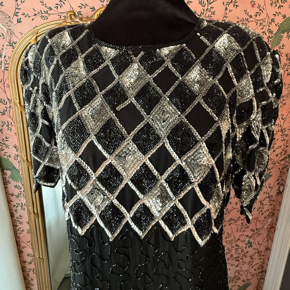 Stunning Vintage 90s Lawrence Kazar New York Hand Beaded Silk Evening Gown - Picture 10 of 17